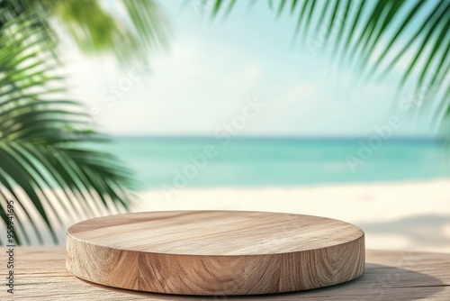 Wallpaper Mural Wooden pedestal with free space for your decoration on tropical summer sand beach , ai Torontodigital.ca