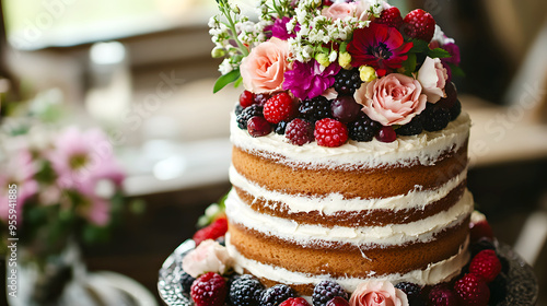 Rustic Naked Cake with minimal frosting, layered with fresh berries and flowers photo