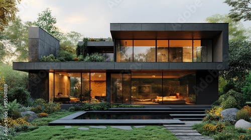 Modern architectural house surrounded by greenery and water features.