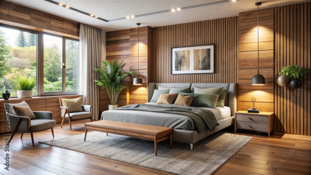 Fototapeta premium A serene Modern bedroom features a sturdy wooden headboard, plush bed linens, and throw pillows in a roomy