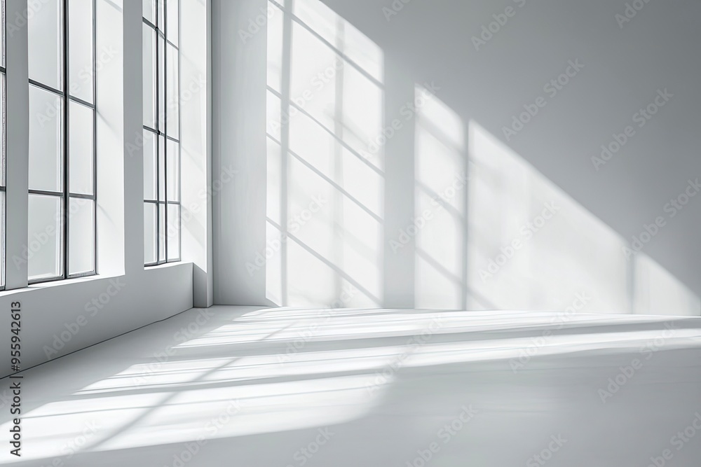 Fototapeta premium Wall interior background, studio and backdrops show products.with shadow from window color white and grey. background for text insertion and presentation product , ai