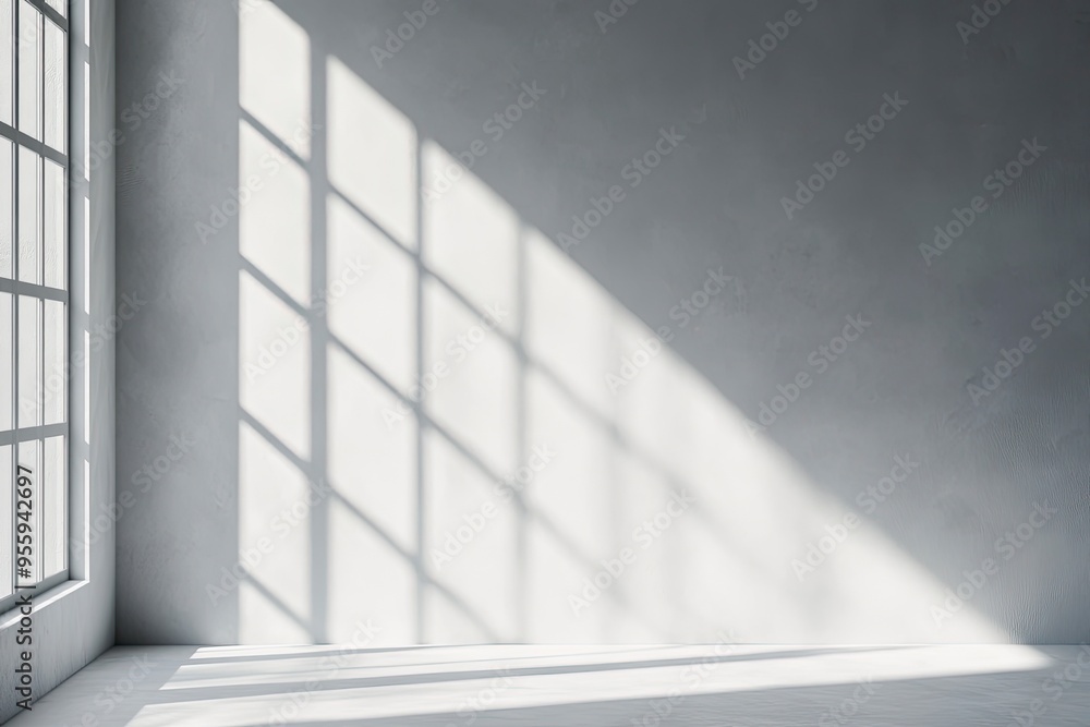 Fototapeta premium Wall interior background, studio and backdrops show products.with shadow from window color white and grey. background for text insertion and presentation product , ai