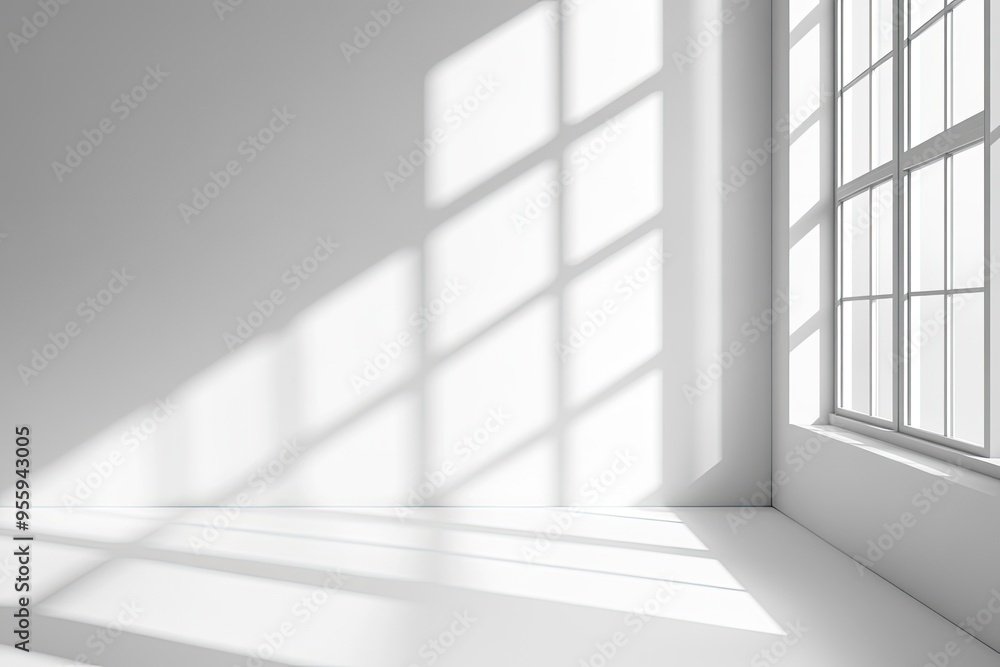 Fototapeta premium Wall interior background, studio and backdrops show products.with shadow from window color white and grey. background for text insertion and presentation product , ai