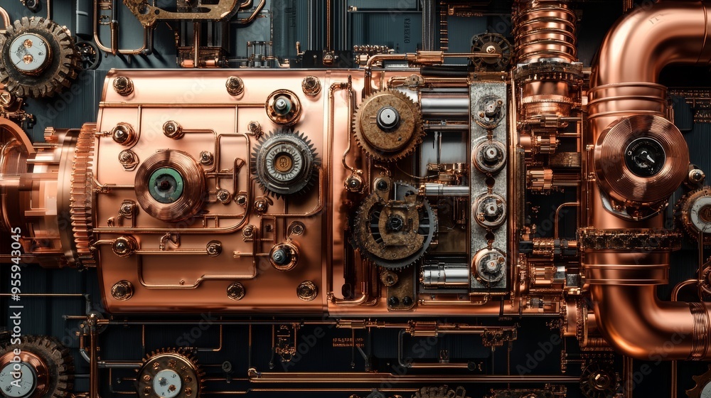 Steampunk-inspired device featuring large copper boards, antique gears, and brass elements, all connected in a complex yet elegant design Steampunk-inspired device featuring large copper boards, antique gears, and brass elements, all connected in a complex yet elegant design