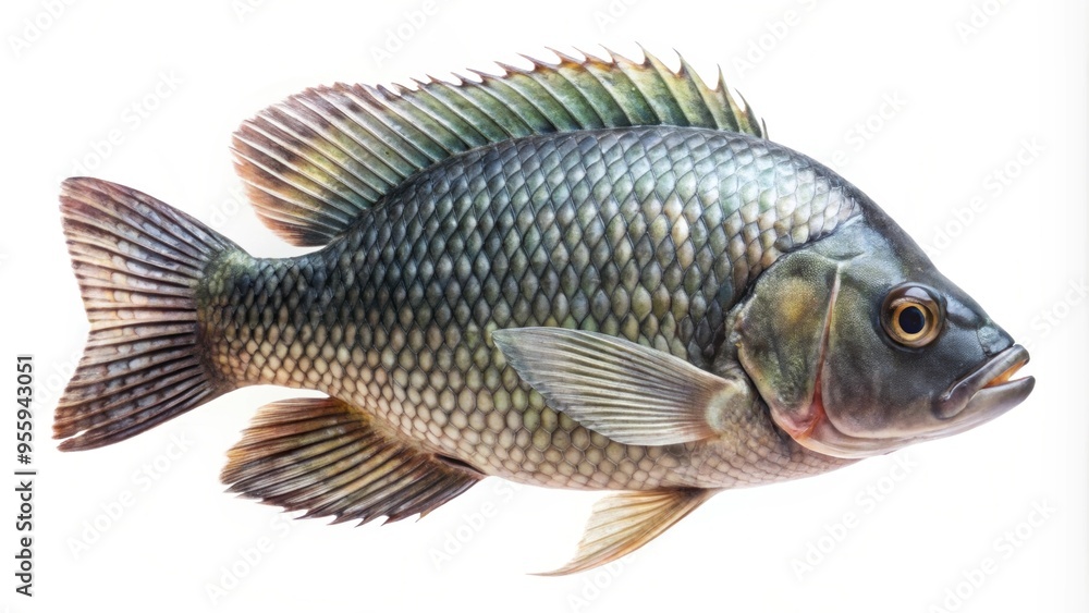Fototapeta premium Nile tilapia fish isolated on background, tilapia, fish, aquatic, freshwater, animal,background, isolated, seafood, underwater