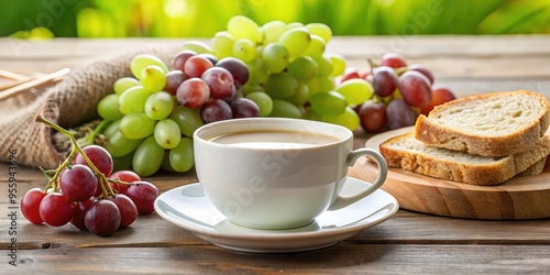 Healthy breakfast set with whole grain bread, grapes, and milk served with a cup of coffee, healthy, breakfast, whole grain bread