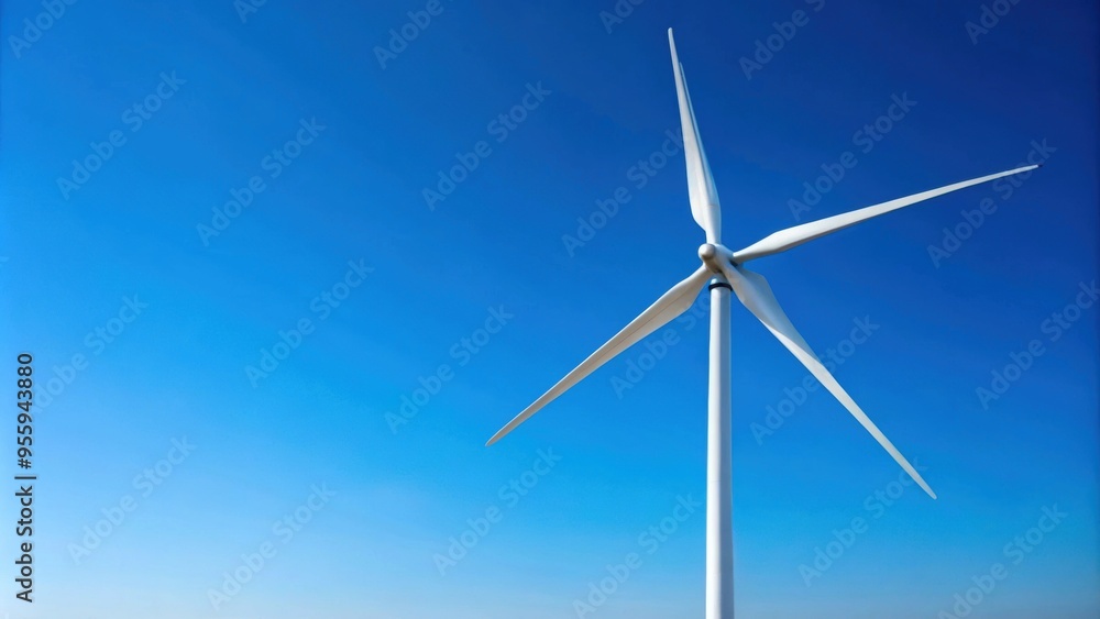 Wind turbine with spinning blades against clear blue sky, wind energy, renewable Wind turbine with spinning blades against clear blue sky, wind energy, renewable