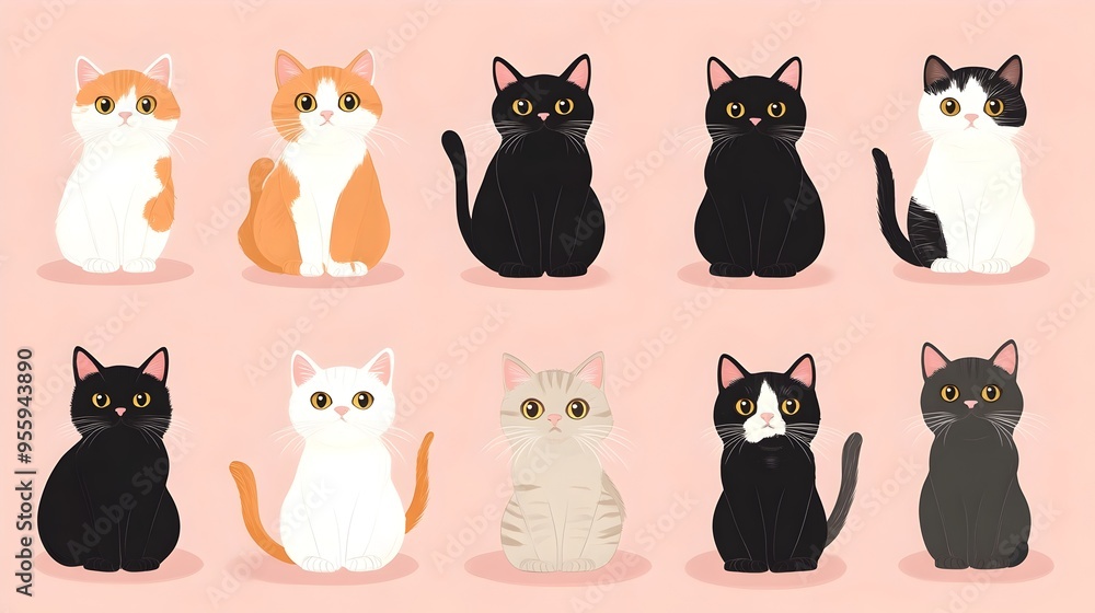 Charming Cartoon Cats in Variety of Styles on Soft Blush Background Charming Cartoon Cats in Variety of Styles on Soft Blush Background