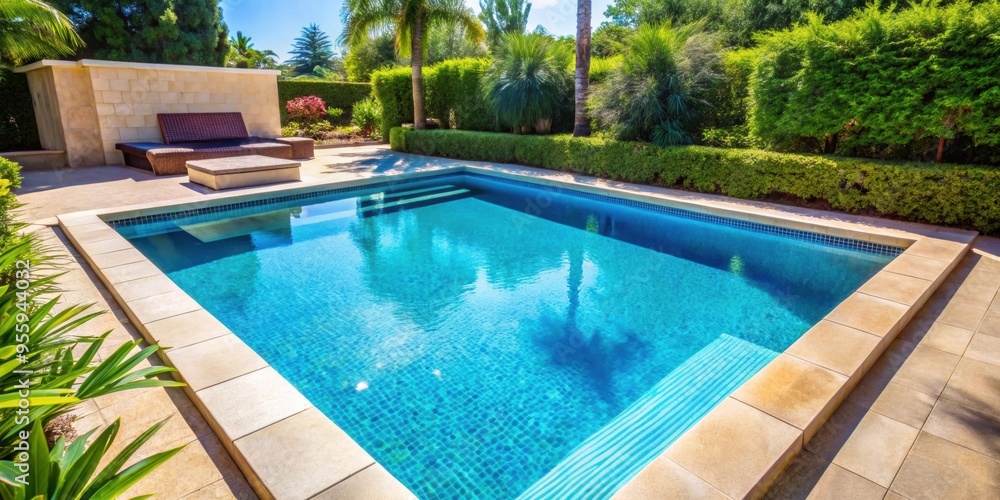 Close-up view of a well-maintained private pool, maintenance, cleaning, tiles, pool water, filtration system Close-up view of a well-maintained private pool, maintenance, cleaning, tiles, pool water, filtration system