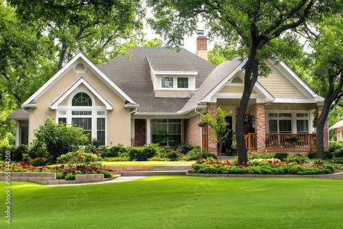 Elegant Middle-Class Home with Beautiful Landscaping and Suburban Gothic Architecture in Balcones Lake, Texas, Featuring White Trim, Beige Walls, Red Brick Accents, and Lush Greenery