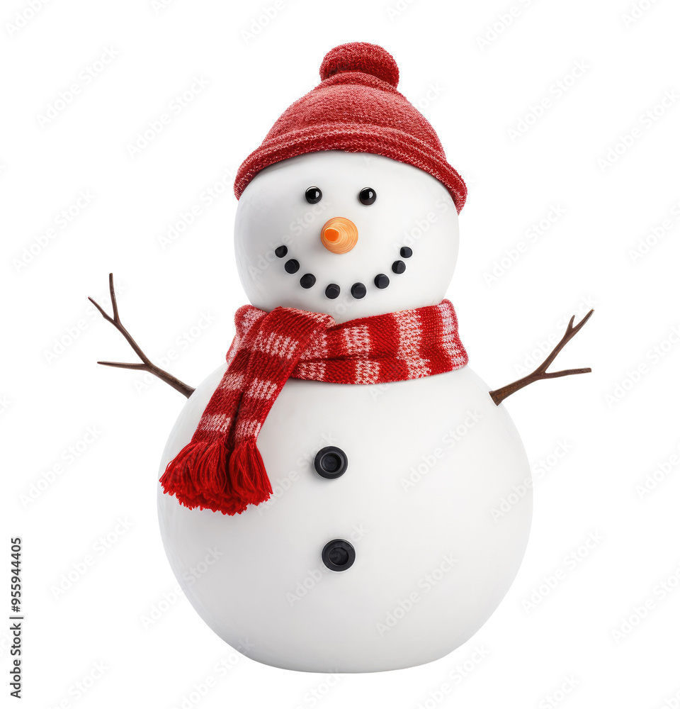 Snowman with red hat and scarf isolated on transparent background Snowman with red hat and scarf isolated on transparent background