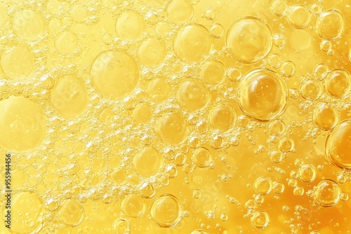 Processed collage of golden yellow oil bubbles texture. Background for banner, backdrop or texture for 3D mapping , ai