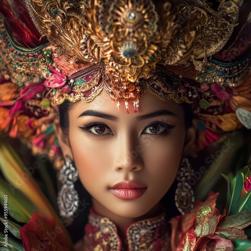 Portrait of an Asian woman in traditional Balinese costume, intricate details, vibrant colors, reflecting the islands rich heritage