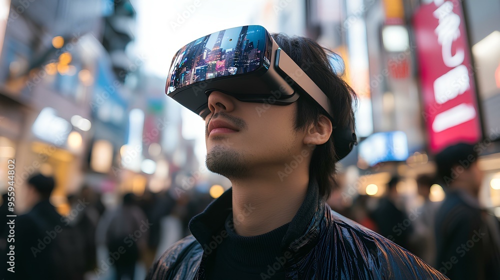 A person wearing augmented reality glasses in a bustling tech-savvy city A person wearing augmented reality glasses in a bustling tech-savvy city