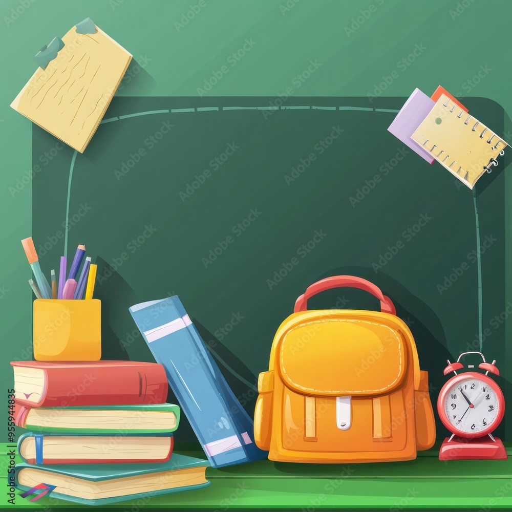 Illustration of School Supplies on a Green Chalkboard Illustration of School Supplies on a Green Chalkboard