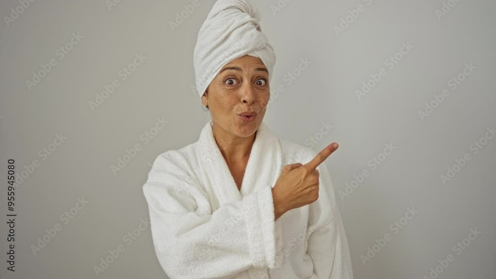Woman in towel and bathrobe pointing with surprised expression and open mouth, middle aged and isolated over white background Woman in towel and bathrobe pointing with surprised expression and open mouth, middle aged and isolated over white background