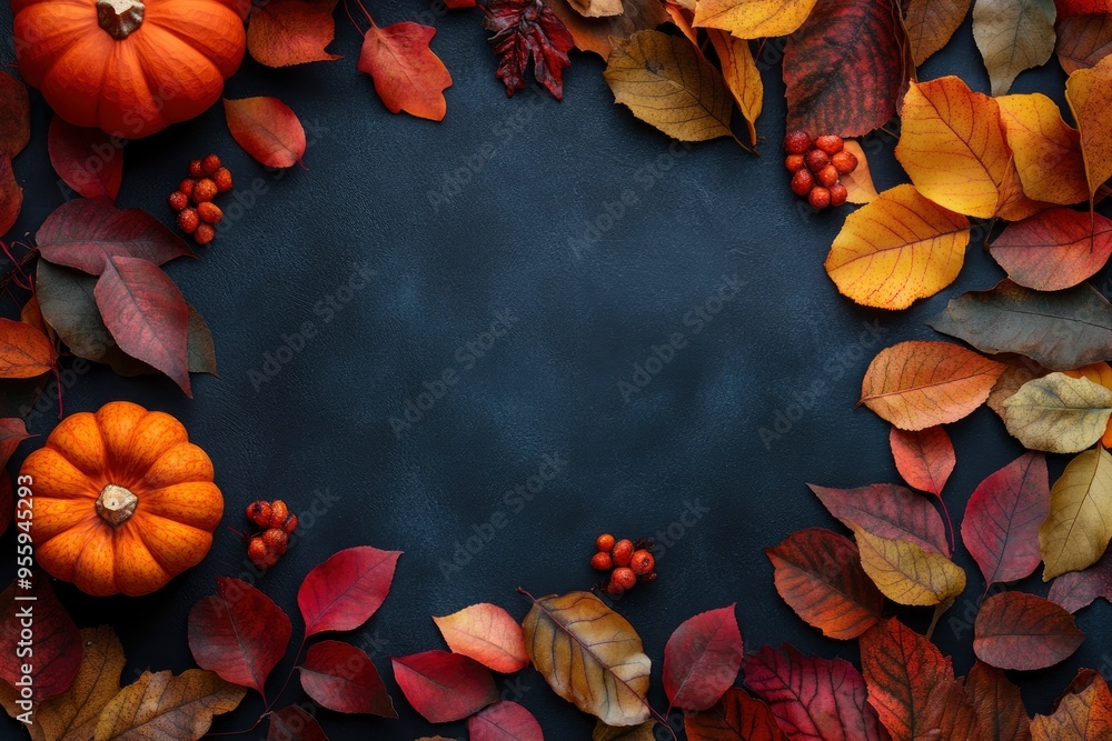 Thanksgiving and Autumn decoration concept made from autumn leaves and pumpkin on dark background. Flat lay, top view with copy space with generative ai Thanksgiving and Autumn decoration concept made from autumn leaves and pumpkin on dark background. Flat lay, top view with copy space with generative ai