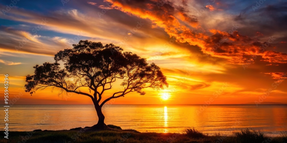 Beautiful sunset over the ocean, with a striking silhouette of a tree in the foreground, sunset, ocean, tree, beautiful, sky Beautiful sunset over the ocean, with a striking silhouette of a tree in the foreground, sunset, ocean, tree, beautiful, sky