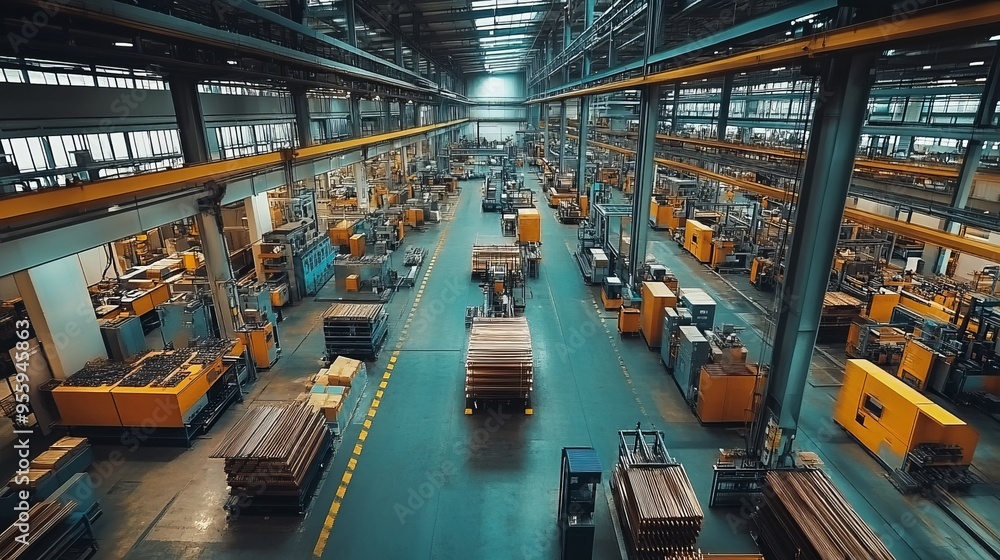 Aerial view of an expansive factory floor, dozens of machines producing copper boards simultaneously, efficient and fast-paced environment Aerial view of an expansive factory floor, dozens of machines producing copper boards simultaneously, efficient and fast-paced environment