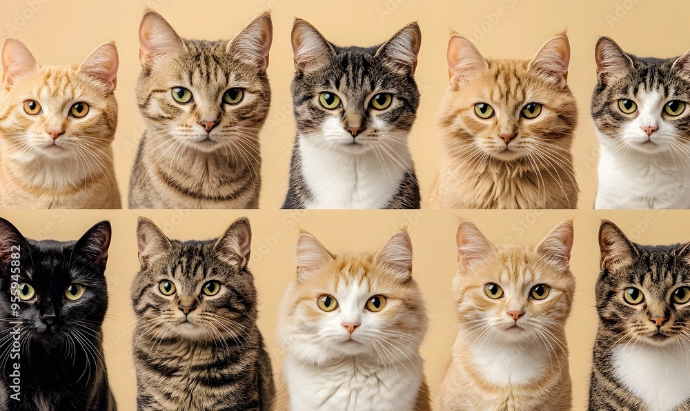 Enchanting Collection of Diverse Feline Portraits Set Against a Soothing Pistachio Backdrop Enchanting Collection of Diverse Feline Portraits Set Against a Soothing Pistachio Backdrop