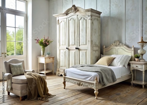 A vintage wooden armoire and bedframe in distressed white finish add a touch of elegance to this shabby photo