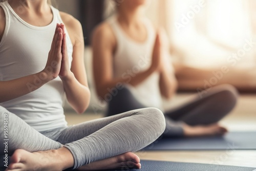 Mother and Daughter Practicing Yoga Together at Home, Close-Up of Hands in Mudra Position, Cross-Legged on a Mat, Creating a Calm Atmosphere in a Well-Lit Living Room