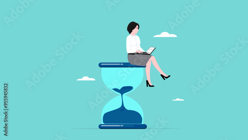 time management or deadline management, businesswoman sitting on big hourglass while working with laptop, efficiency multitasking vector time management, work deadline