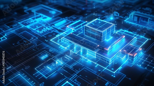 3D rendering illustration of a building blueprint glowing with neon hologram, showcasing futuristic technology for premium product, business, and finance