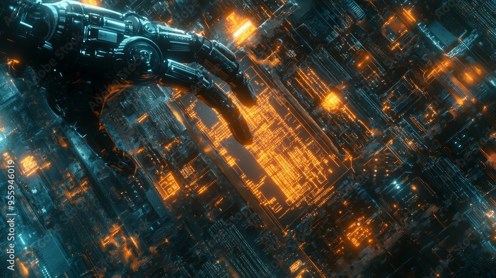 An overhead view of a copper board being etched, with AI-driven robotic arms performing the process, wires and digital interfaces glowing in the background, steampunk, digital illustration An overhead view of a copper board being etched, with AI-driven robotic arms performing the process, wires and digital interfaces glowing in the background, steampunk, digital illustration