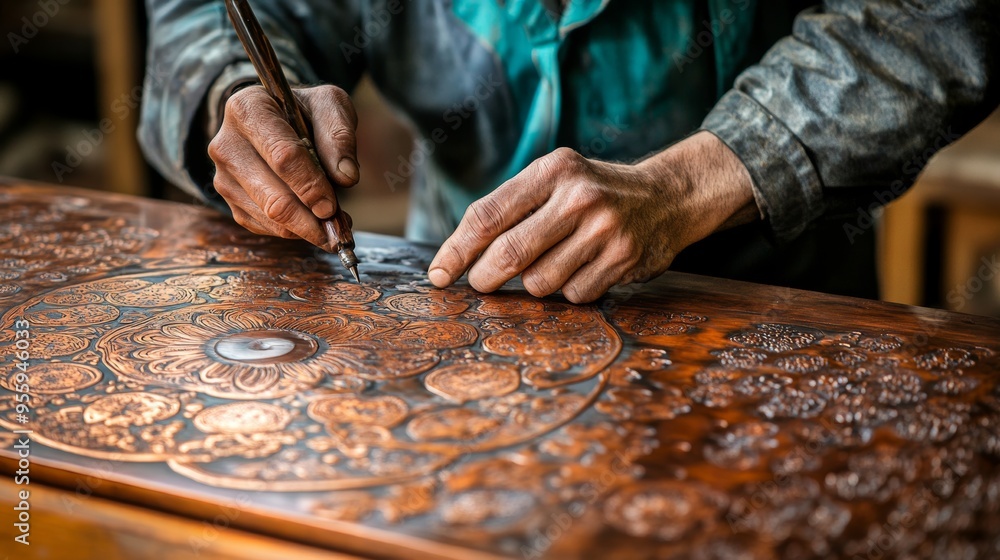 Artisan engraving elaborate mandala patterns into a polished copper surface, the precision of each line highlighted by soft lighting Artisan engraving elaborate mandala patterns into a polished copper surface, the precision of each line highlighted by soft lighting