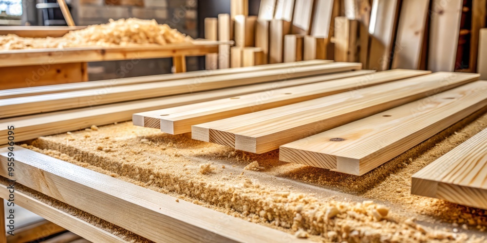 A wooden worktable's surface is covered in sawdust, amidst a mosaic of solid wood planks in varying widths A wooden worktable's surface is covered in sawdust, amidst a mosaic of solid wood planks in varying widths
