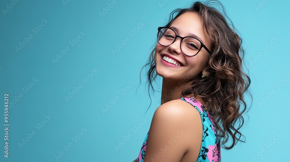 Smiling Hipster in Blue and Pink Dress: Studio Shot of a Trendy Individual Wearing a Stylish Blue and Pink Dress Against a Gradient Background, Exuding Confidence and Joy. Smiling Hipster in Blue and Pink Dress: Studio Shot of a Trendy Individual Wearing a Stylish Blue and Pink Dress Against a Gradient Background, Exuding Confidence and Joy.