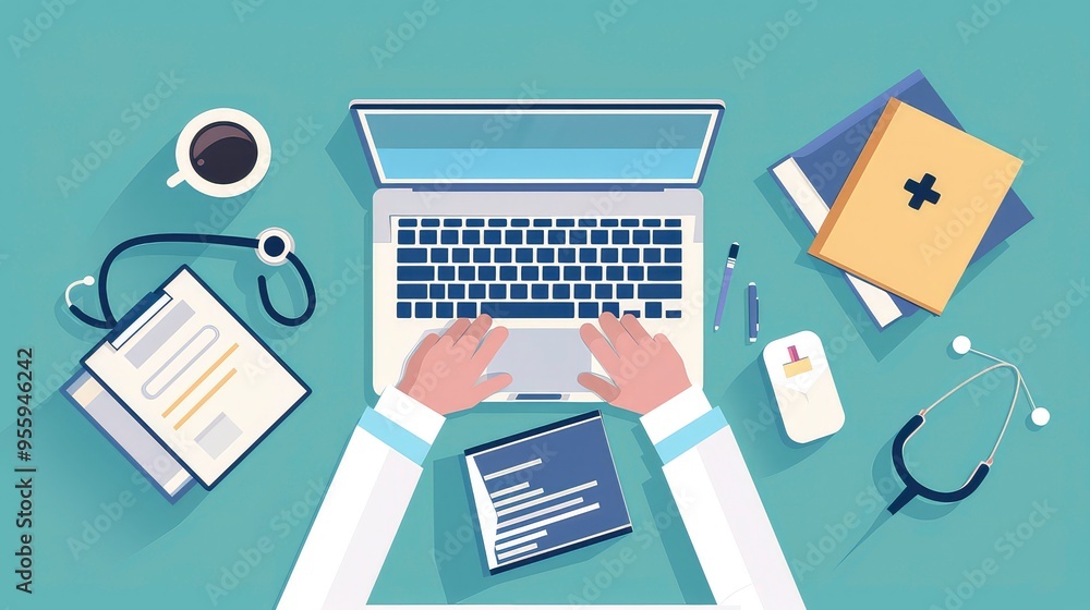 Top view of a doctor's desk with a laptop, stethoscope, coffee cup, pen, mouse and documents. Top view of a doctor's desk with a laptop, stethoscope, coffee cup, pen, mouse and documents.