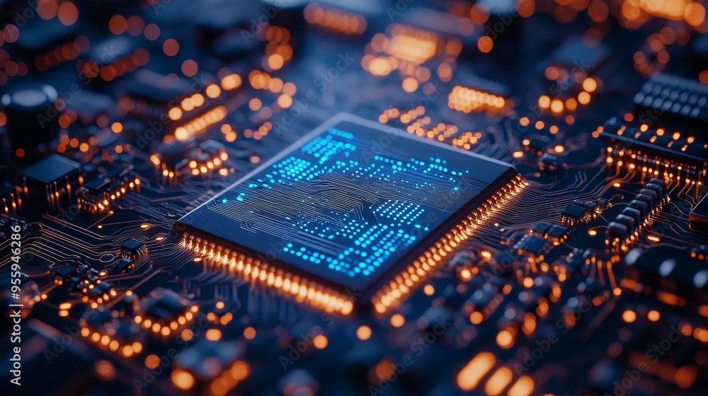 Close-up of a copper circuit board with a neon-lit holographic interface, showcasing sleek digital icons and grids, glowing in vivid colors Close-up of a copper circuit board with a neon-lit holographic interface, showcasing sleek digital icons and grids, glowing in vivid colors