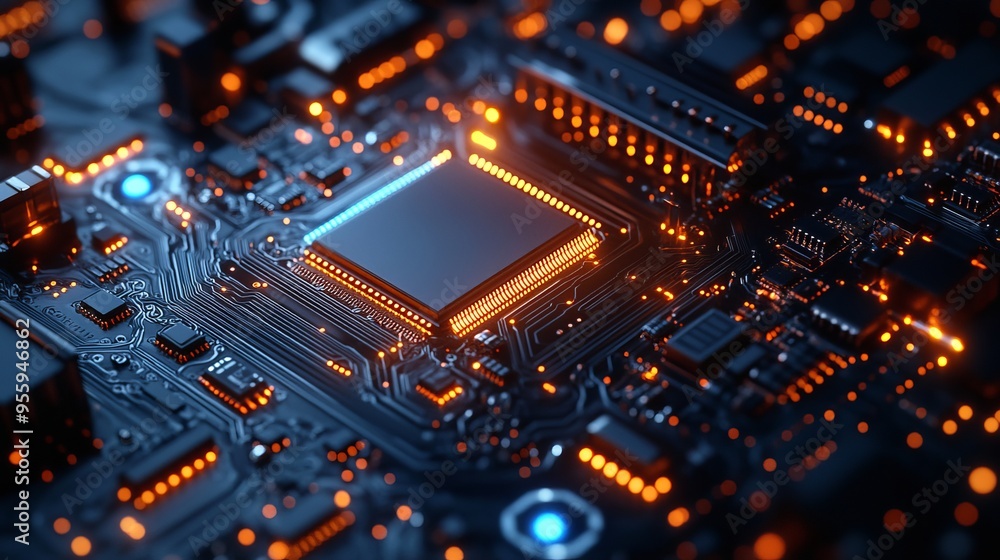 Close-up of intricate copper circuitry under magnification, glowing neon blue highlights, highly detailed microcomponents, realistic, hyper-focus, dark background Close-up of intricate copper circuitry under magnification, glowing neon blue highlights, highly detailed microcomponents, realistic, hyper-focus, dark background
