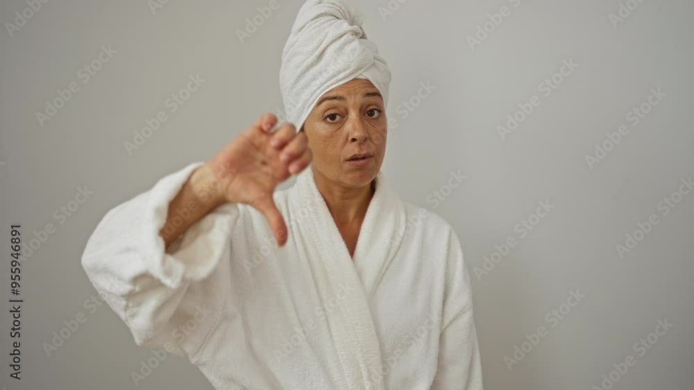 Middle age woman in towel and bathrobe giving thumbs down gesture with angry expression, looking unhappy and showing negative feeling over isolated white background Middle age woman in towel and bathrobe giving thumbs down gesture with angry expression, looking unhappy and showing negative feeling over isolated white background