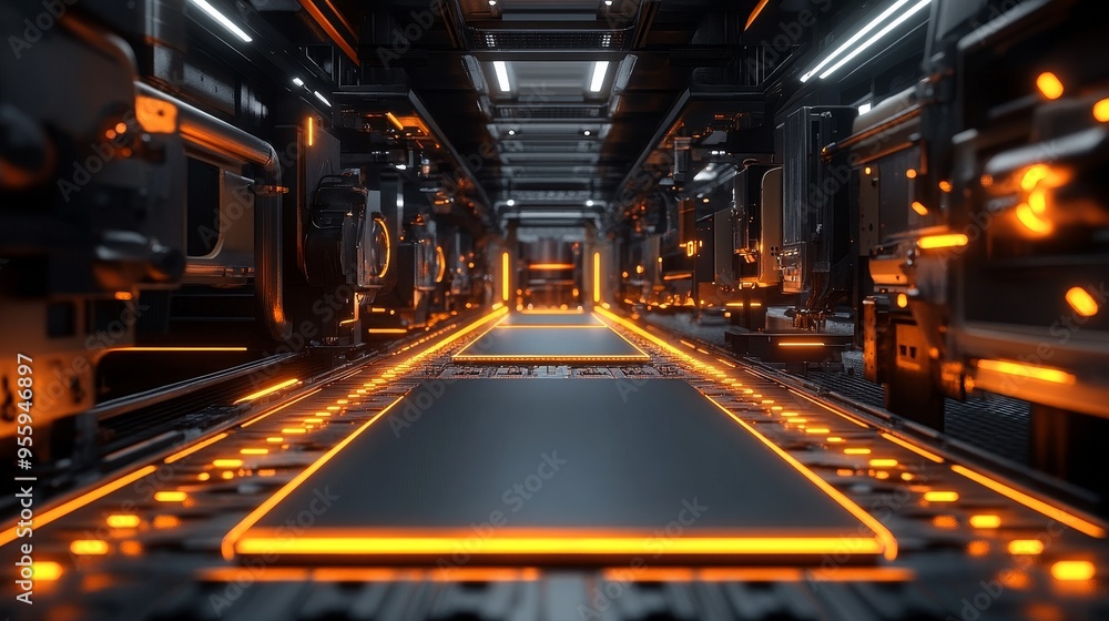 Copper board production line with automated machinery, glowing copper sheets moving through stamping machines, futuristic factory setting Copper board production line with automated machinery, glowing copper sheets moving through stamping machines, futuristic factory setting