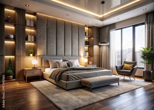 * Clean lines and minimal ornamentation define this modern bedroom, where soft glow of table lamps and floor