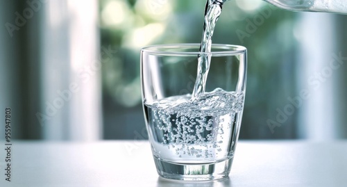 Close-Up of Water Being Poured into a Glass on a White Table with a Softly Blurred Background, Capturing the Essence of Refreshment and Purity