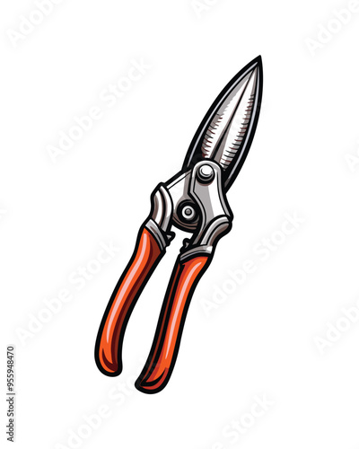 Vector illustration of a pruning shear, featuring red handles, a silver blade, and an adjustable screw.