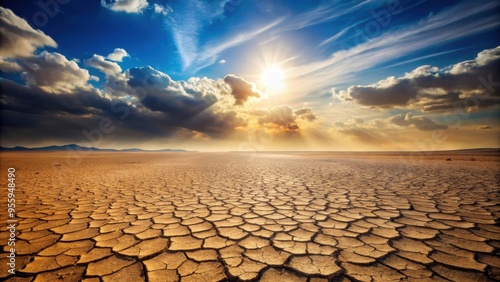 Desolate desert landscape with cracked ground and empty sky, desert, cracked, dry, barren, lonely, desolation, emptiness