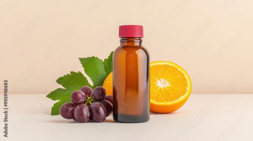 Health product bottle mockup with fresh grapes and half an orange behind the product and two leaves on a light background Make it vibrant and colorful There should be no label on t Health product bottle mockup with fresh grapes and half an orange behind the product and two leaves on a light background Make it vibrant and colorful There should be no label on t