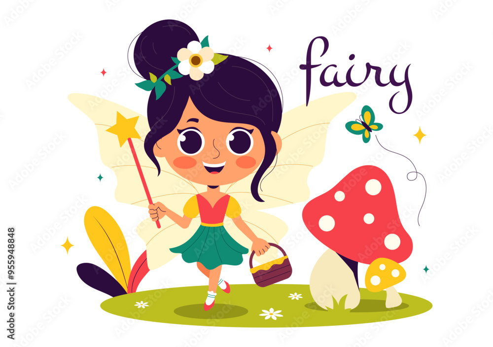 Naklejka premium Beautiful Flying Fairy Vector Illustration with Elf, Landscape, Tree, and Green Grass in a Flat Style Kids Cartoon Background