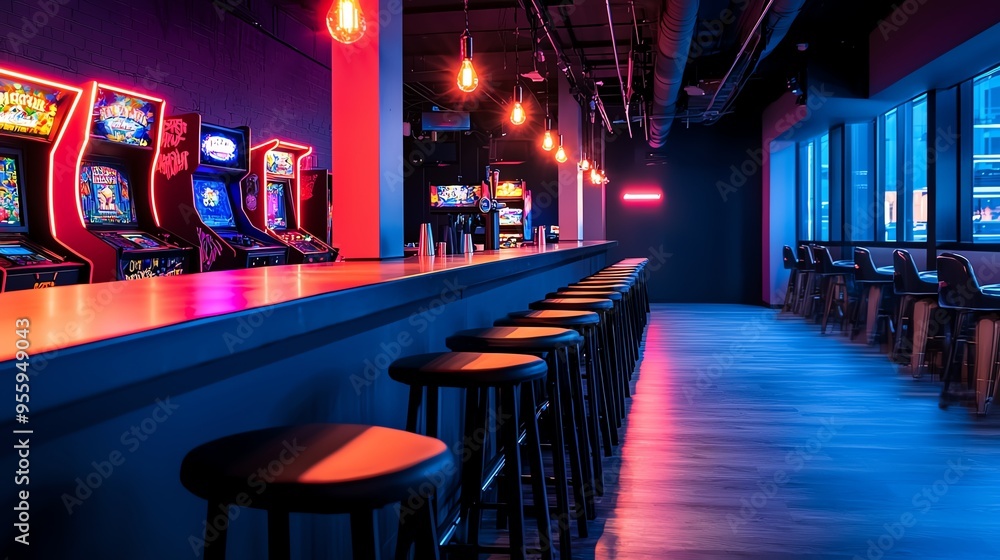 Modern arcade bar interior with neon lights, arcade machines, and empty bar stools, creating a vibrant and inviting atmosphere. Modern arcade bar interior with neon lights, arcade machines, and empty bar stools, creating a vibrant and inviting atmosphere.