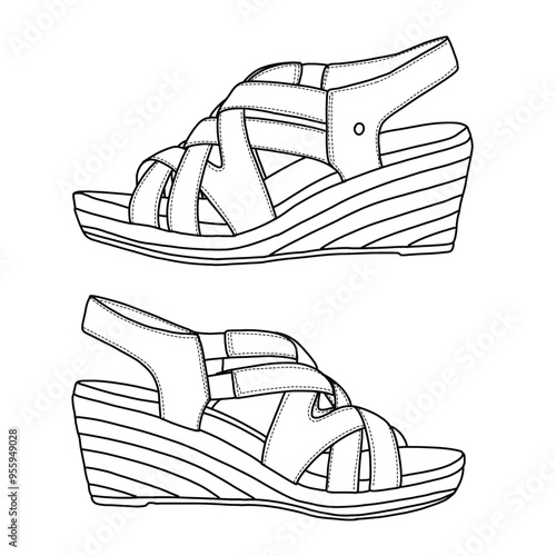 Women's Everlasting Platform Wedge Sandal Line art,Technical sketch hand drawing outline vector doodle illustration isometric side view isolated on white background