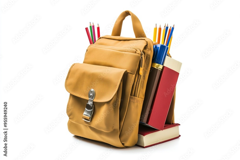 School backpack with stationery, apple and books isolated on white background. School backpack with stationery, apple and books isolated on white background.