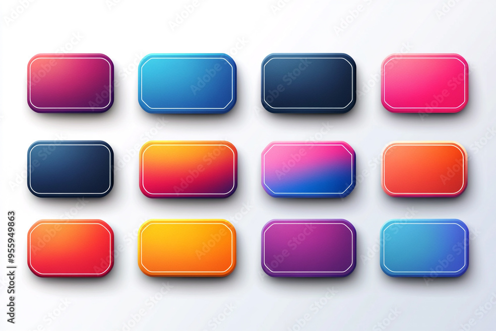 A vibrant collection of rectangular buttons in various colors, perfect for web design and user interface projects. A vibrant collection of rectangular buttons in various colors, perfect for web design and user interface projects.