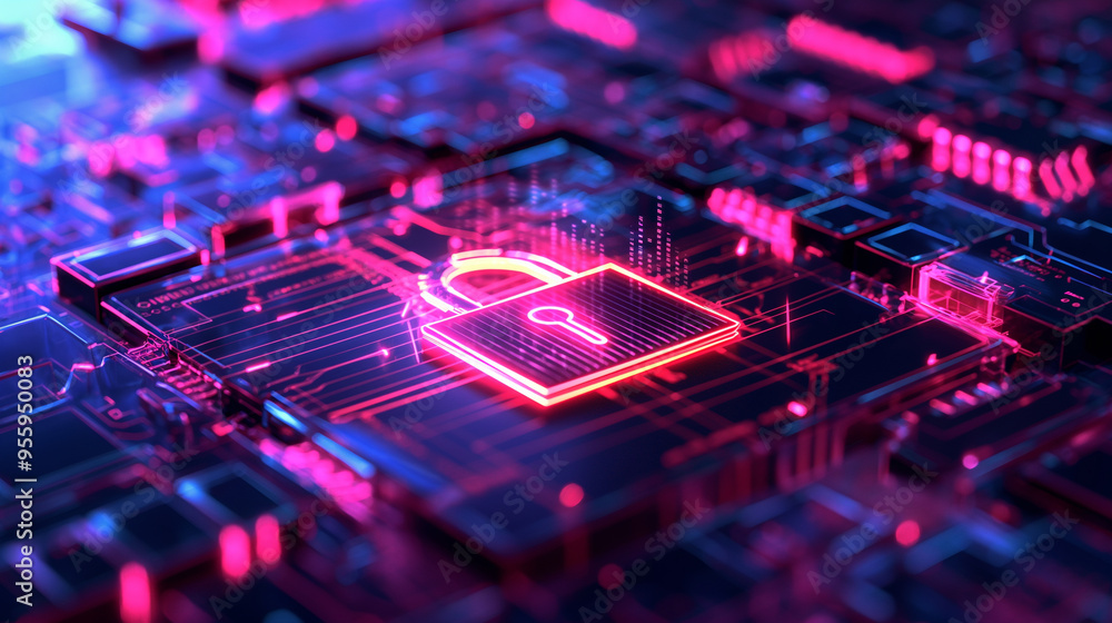 Cyber Security Concept - Padlock on Circuit Board Cyber Security Concept - Padlock on Circuit Board