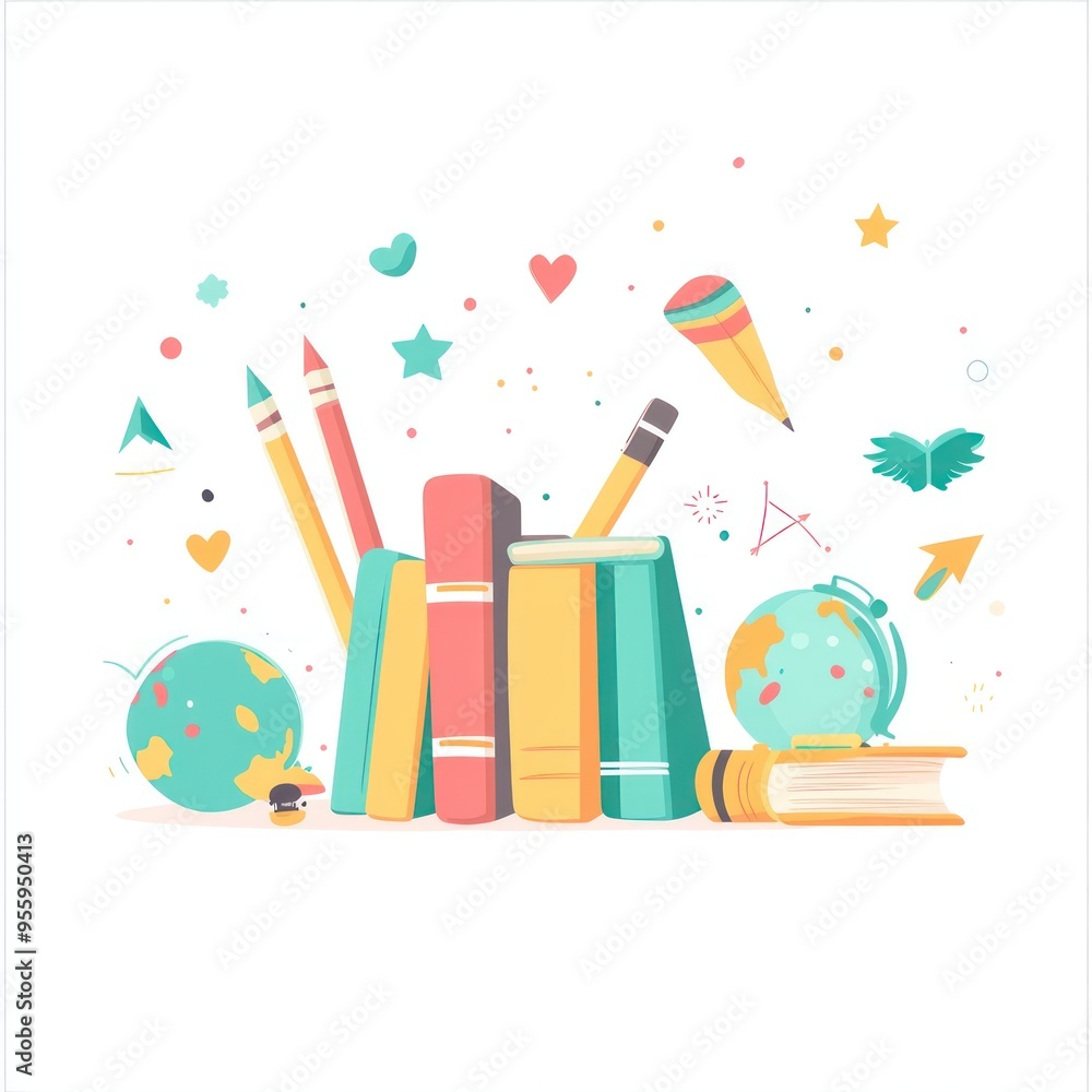Colorful Illustration of Books, Pencils, and a Globe - Education Concept