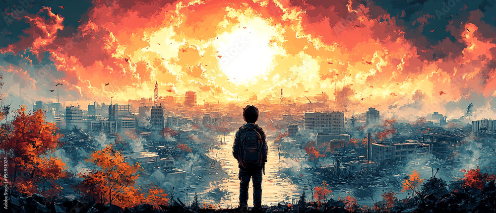 Fototapeta premium A young boy gazes at a breathtaking sunset over a cityscape, reflecting themes of hope and resilience amidst chaos.